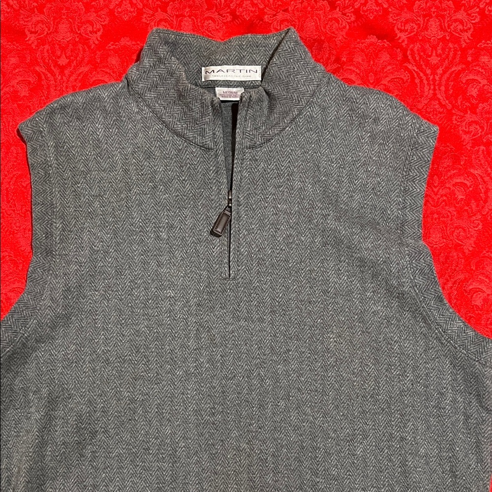 Martin Men’s M Gray Herringbone 1/4 Zip Sweater Vest 100% Pima Cotton